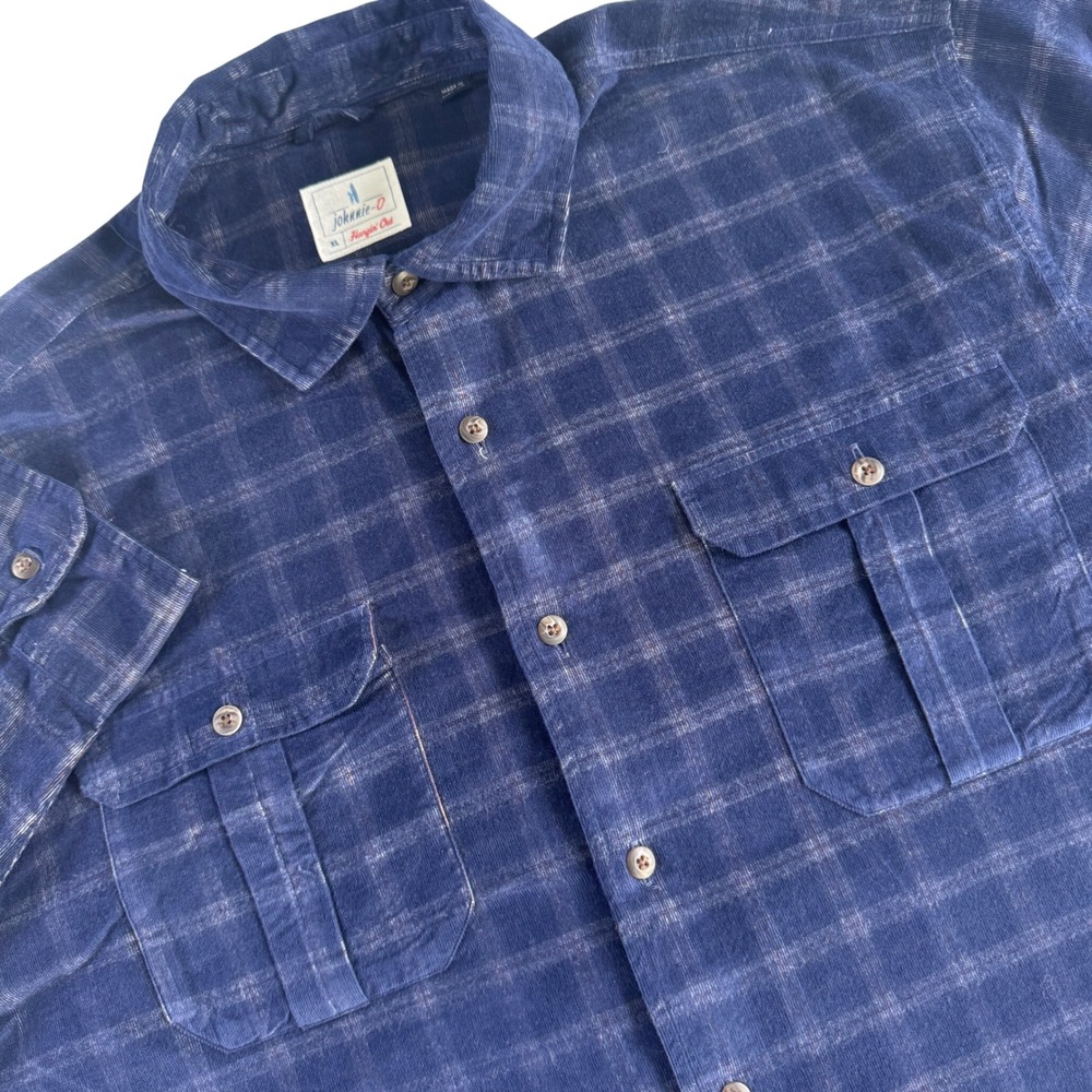 Johnnie-O Shearer Shirt Mens XL Navy Plaid Corduroy Hangin Out Button Up